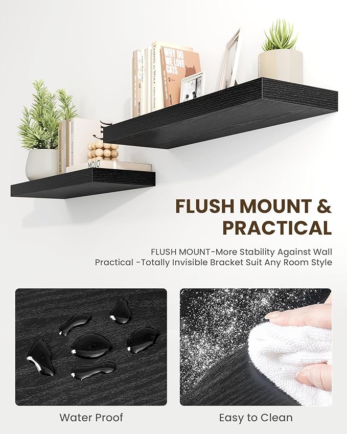 Marsmiles 24" Floating Shelves for Wall, Wooden Shelves with Invisible Brackets Set of 2, Rustic Farmhouse Wall Mounted Shelf for Kitchen Bathroom Living Room Study, Black-Ruum Studio Home