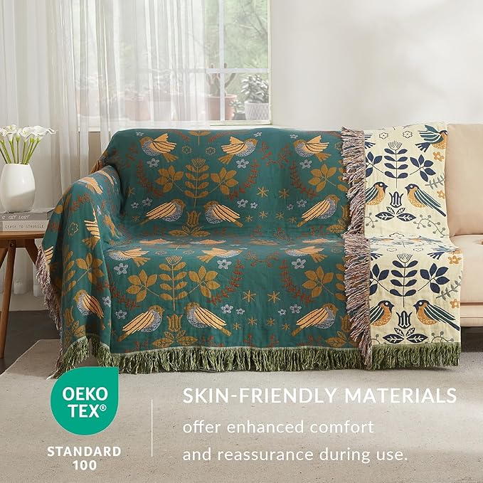 Boho Throw Blanket for Couch Sofa Bed, 100% Cotton Woven Quilt with Tassel 60”x80”, Super Soft Muslin Blanket with Bird Printed, Decorative Reversible Bed Blanket/Cover for All Seasons-Ruum Studio Home
