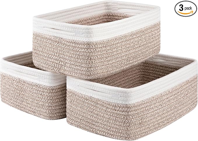 3 Pack Small Storage Baskets for Organizing, Cute Woven Decorative Gift Baskets for Shelves, Mini Closet Organizer Bins with Handles-13''Lx8.66''Wx5.11''H-Brown and White-Ruum Studio Home