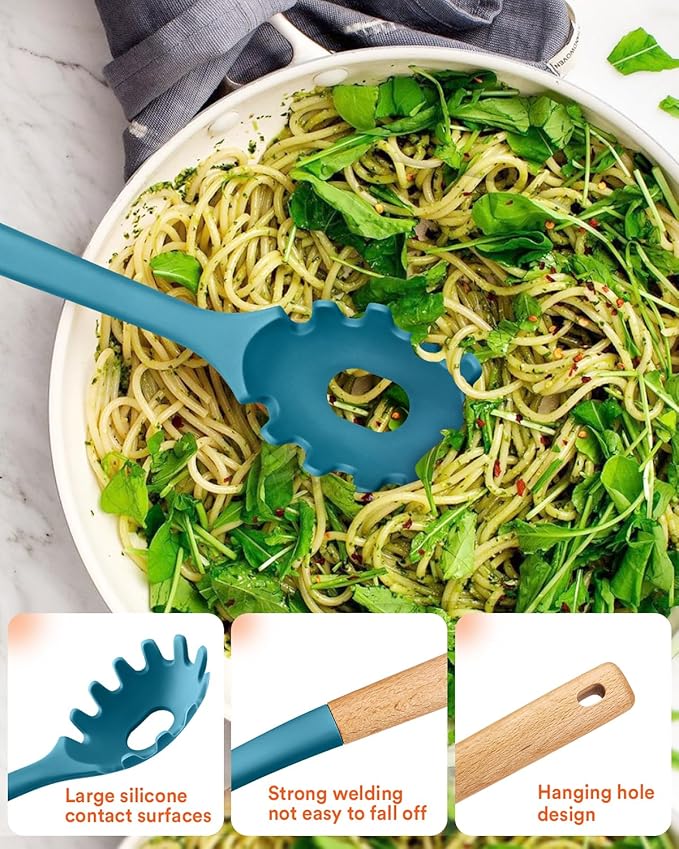 Kitchen Utensils Set, 13PCS Silicone Cooking Utensils, Heat Resistant Kitchen Utensil Spatula Set for Nonstick Cookware, Wooden Handles Kitchen Gadgets Tools Set (BLUE)-Ruum Studio Home