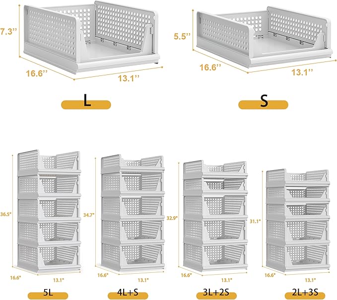 5 Pack Stackable Plastic Storage Basket Closet Organizer Bin Foldable Clothes Organizer Storage Drawer Shelf Container for Living Room Bathroom Kitchen Office (5L)-Ruum Studio Home