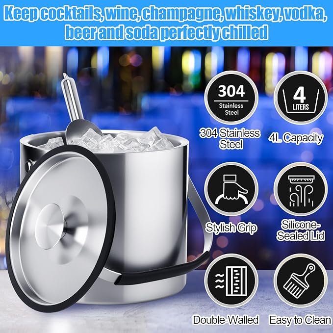 meekoo 4 L Double Wall Insulated Stainless Steel Ice Bucket with Lid, Scoop, Strainer, Handle Large Wine Ice Bucket Upgraded Cover Keep Frozen Longer for Cocktail Bar Parties(Silver)-Ruum Studio Home