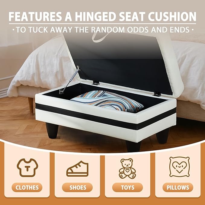 Ottoman Rectangular Storage Ottoman Bench, Faux Leather Footrest, Coffee Table, Stool Footstool with Hinged Lid for Living Room, Bedroom, Entryway, White with Black Strip, 35"x23.5"x17.5"-Ruum Studio Home