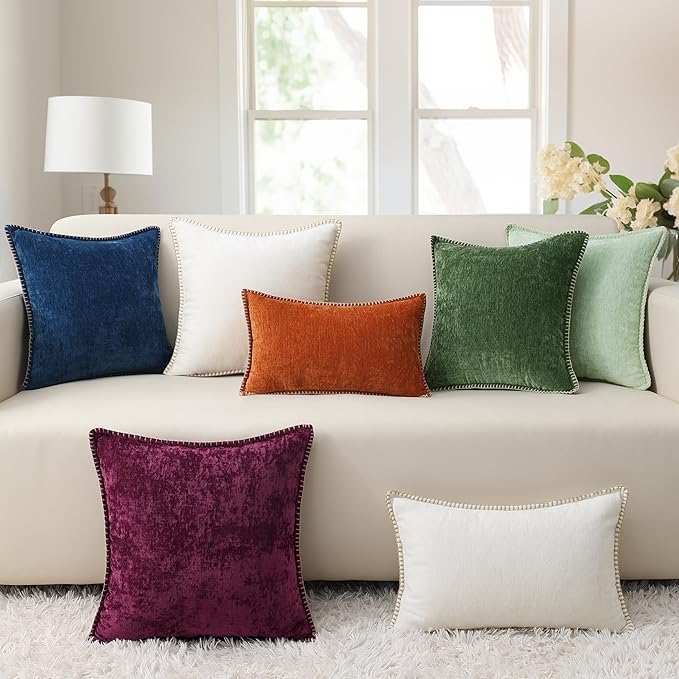 decorUhome Chenille Soft Throw Pillow Covers 24x24 Set of 2, Farmhouse Velvet Neutral Decorative Euro Pillow Covers with Stitched Edge for Couch Sofa Bed Home Decor, Beige-Ruum Studio Home