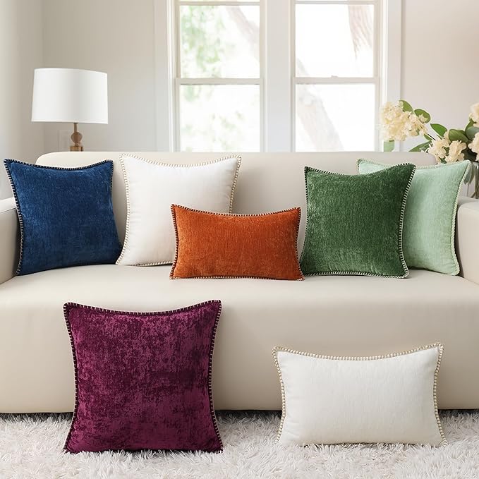 decorUhome Chenille Soft Throw Pillow Covers 22x22 Set of 2, Farmhouse Velvet Neutral Decorative Euro Pillow Covers with Stitched Edge for Couch Sofa Bed Home Decor, Aqua Haze-Ruum Studio Home