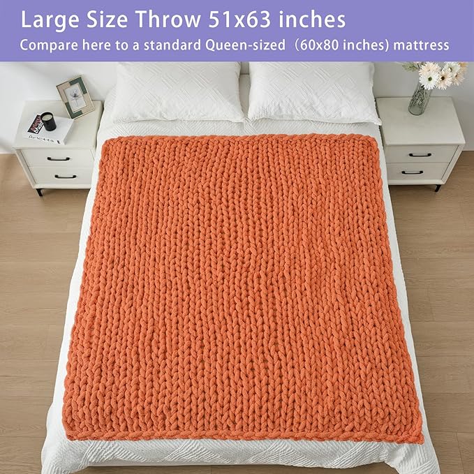 Bigacogo Chunky Knit Throw Blanket for Couch, 51x63 inches, 100% Hand Knitted with Thick Jumbo Chenille Yarn, Cozy Soft Large Rope Knot Cable Crochet Blankets for Sofa Bed Living Room, Terracotta-Ruum Studio Home