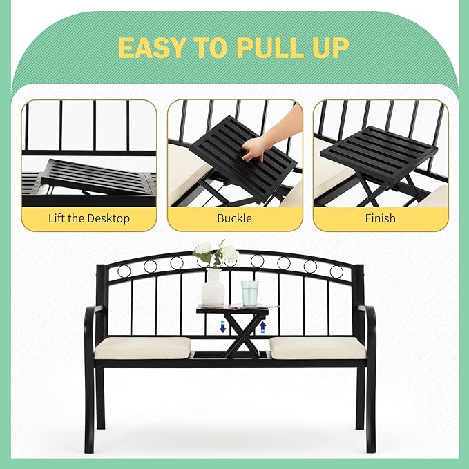 AVAWING Outdoor Metal Garden Bench, 2-Seat Patio Porch Bench with Steel Frame, Park Bench w/Pullout Middle Table＆ Cushion for Backyard Lawn Deck Entryway, Black-Ruum Studio Home