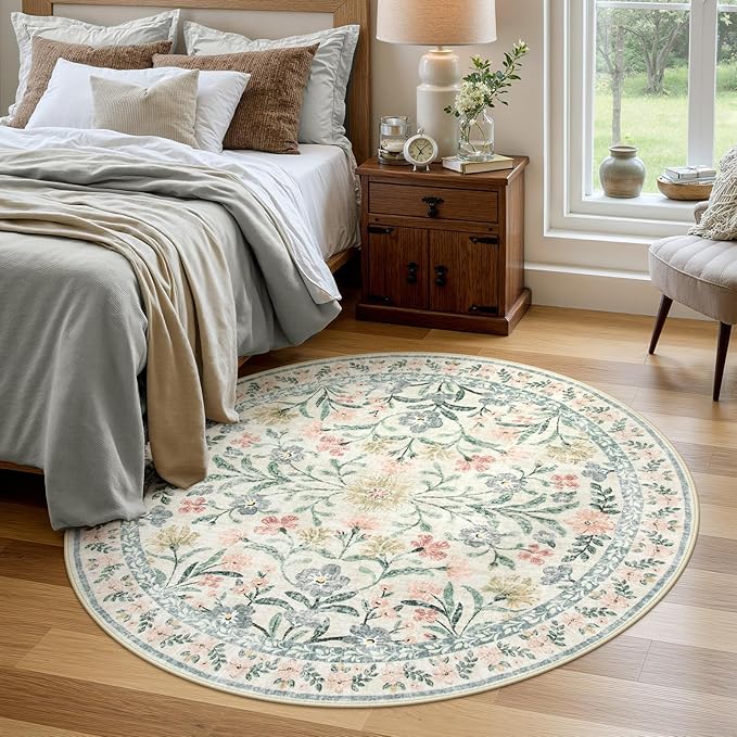 Wonnitar Round Washable Rug, Soft Floral Round Rugs 5ft Circle Carpets for Bedroom Ultra-Thin, Boho Beige Print Distressed Circular Carpet for Living Room Dorm Bedside-Ruum Studio Home