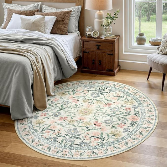 Wonnitar Round Washable Rug, Soft Floral Round Rugs 5ft Circle Carpets for Bedroom Ultra-Thin, Boho Beige Print Distressed Circular Carpet for Living Room Dorm Bedside-Ruum Studio Home