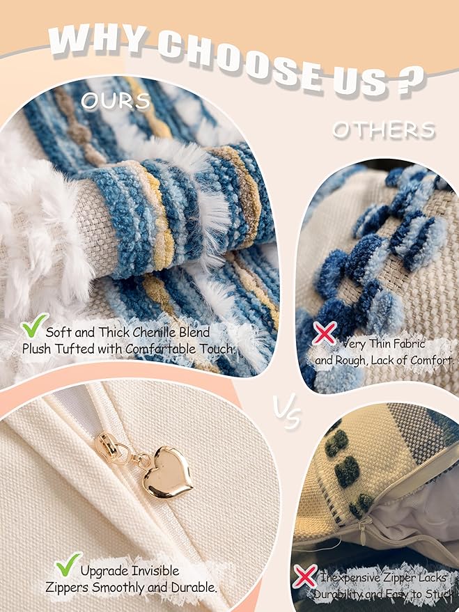 Boho Chenille Tufted Couch Throw Pillow Covers 18x18 Inch Set of 2 Farmhouse Striped Decorative Pillow Covers Accent Neutral Square Pillowcase Blue Cushion Covers for Livingroom Sofa Bed-Ruum Studio Home