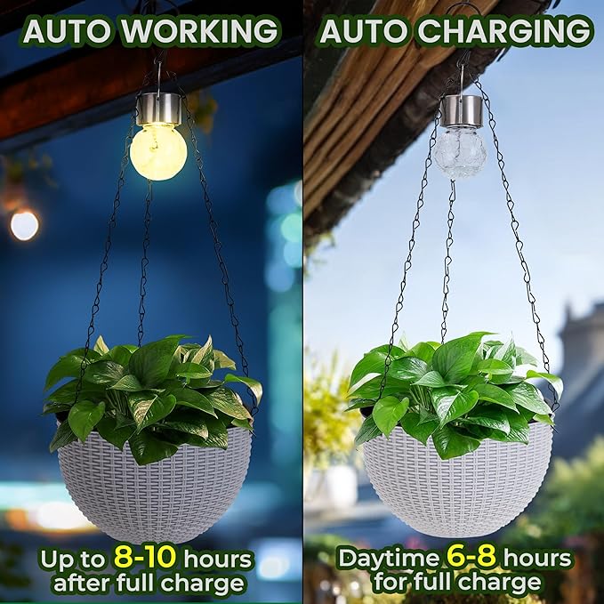 Hanging Pots for Plants Outdoor - 2 Pack White Artificial Rattan Solar Flower Baskets with Drainage Holes & Removable Tray, Garden Gifts for Women/Mothers, Porch, Balcony Decor-Ruum Studio Home