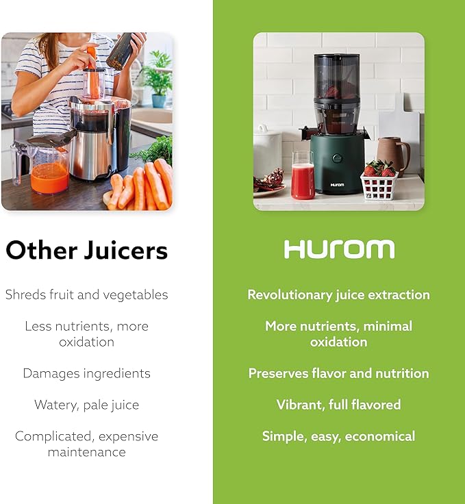Hurom H320 Cold Press Juicer Machine, Easy to Clean Masticating Slow Juicer, Coarse Strainers, Self-Feeding, Hands Free, Family Size, Quiet Motor, Easy Assembly (Kale/Dark Green)-Ruum Studio Home