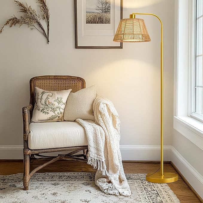 Oneach Arc Floor Lamp for Living Room,Rattan Boho Floor Lamp with Hand-Woven Wicker & Fabric Shade, Foot Switch,Gold Metal Base & Pole,Farmhouse Standing Lamp for Bedroom Corner,Office,Reading-Ruum Studio Home