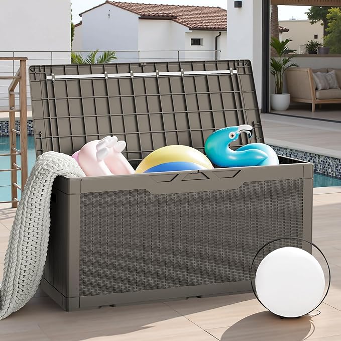 JUMMICO 100 Gallon Resin Deck Box with Cushion, Waterproof Outdoor Storage Box with Lockable Lid for Garden Tools, Patio Cushions (Light Brown)-Ruum Studio Home