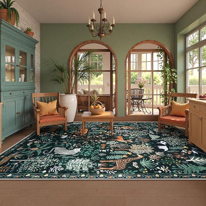 OJIA Jungle Print 9x12 Area Rugs for Living Room, Green Soft Bedroom Rug Washable Rugs 9x12, Modern Dining Room Rug Stain Resistant Ultra-Thin Floor Carpet for Playroom Kids Room Nursery-Ruum Studio Home
