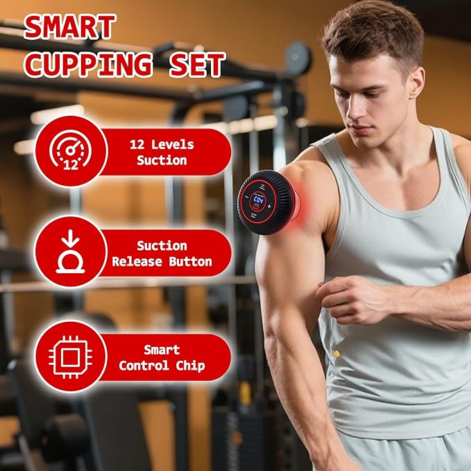 Cupping Kit for Massage Therapy - 4 in 1 Electric Cupping Therapy Set, 12 Levels of Suction Strength and Red Light Therapy for Targeted Pain Relief, Portable Electric Smart Cupping Device, Black-Ruum Studio Home