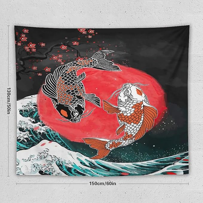Houselerax Koi Fish Tapestries,Japanese Style Yin Yang Big Wave Cherry Blossoms Tapestry Wall Hanging for Bedroom Living Room Office Decor 60"x50"-Ruum Studio Home