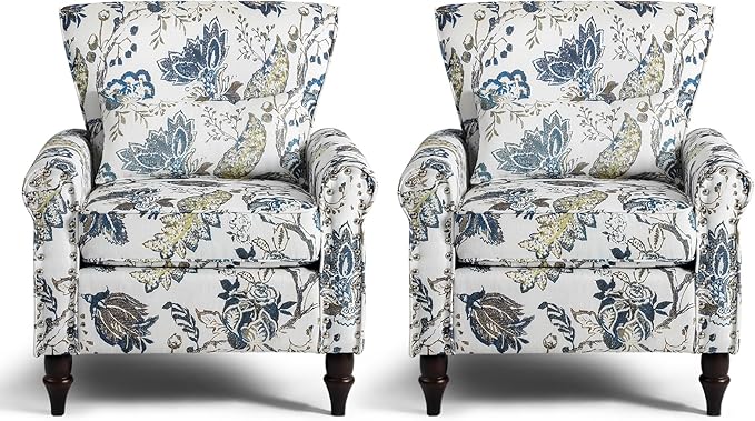 Wingback Accent Chair with Removable Pillow, High Back Floral Armchair with Solid Wood Legs & Nailhead Trim, Comfy Upholstered Reading Single Sofa Chair for Bedroom (2, Blue Floral Pattern)-Ruum Studio Home