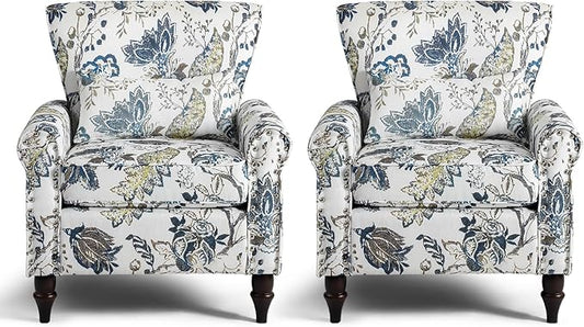 Wingback Accent Chair with Removable Pillow, High Back Floral Armchair with Solid Wood Legs & Nailhead Trim, Comfy Upholstered Reading Single Sofa Chair for Bedroom (2, Blue Floral Pattern)-Ruum Studio Home