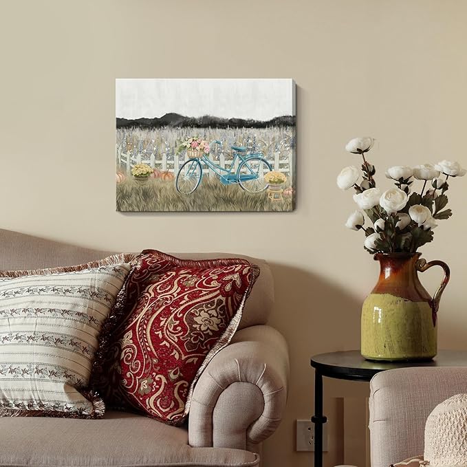 Farmhouse Decor Bathroom Fall Wall Art Vintage Boho Landscape Nature Canvas Picture Mountains, Bicycle Lavender Flowers Floral Neutral Small Artwork for Modern Organnic Country Rustic Cottagecore Bedroom-Ruum Studio Home