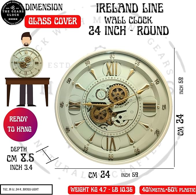 24'' Inch Real Moving Gear Wall Clock Ireland Line (Brass Light, 24 inches (59 cm))-Ruum Studio Home