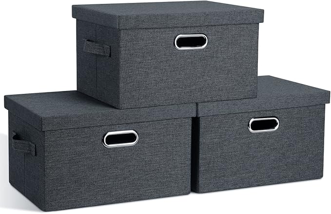 Medium 15" 21 Quart Collapsible Stackable Storage Bins with Lids, 3 Packs Dark Grey Foldable Fabric Closet Boxes Heavy-duty Linen Cube Baskets Container for Bedroom Office (15 x 11 x 8)-Ruum Studio Home