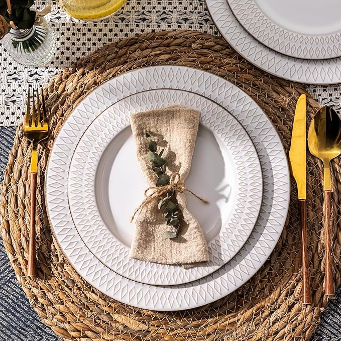 GBHOME Ceramic Dinnerware Sets,18 pcs Embossed Elegant Stoneware Plates and Bowls Sets, Housewarming Wedding Gift | Dishwasher & Microwave Safe | Dishes Set Service for 6-Ruum Studio Home