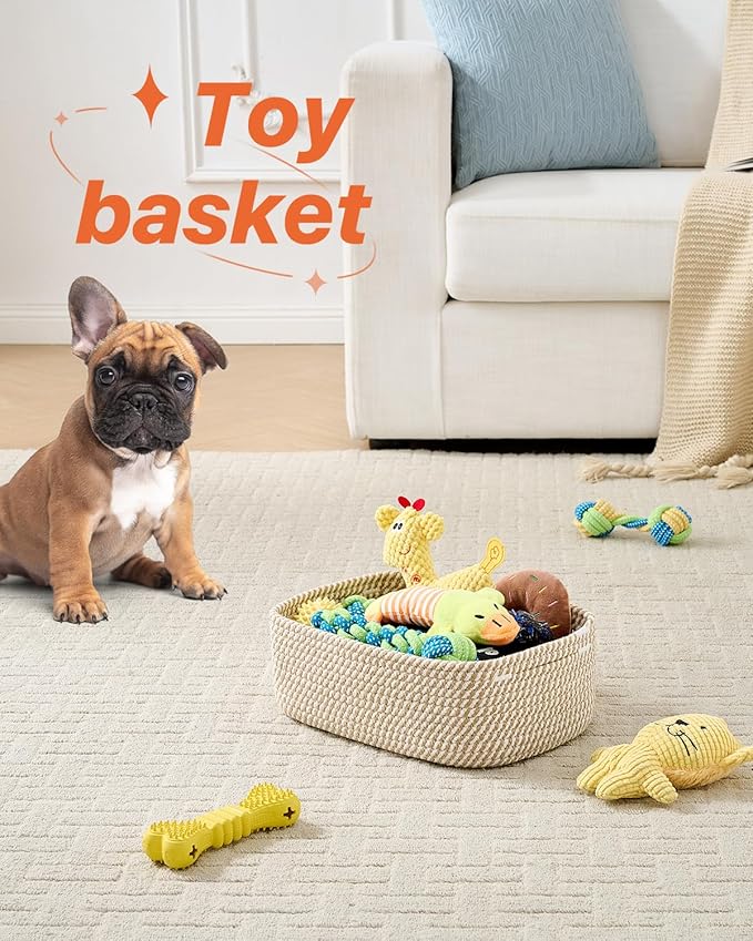 Small Woven Basket, 12 x 8 x 4.5 Inches, Storage Basket for Organizing, Cute Small Rope Shelf Closet Cube Storage Bins Baskets for Shelves, Dog Toy Gift Baskets Empty, 3 Pack Brown-Ruum Studio Home
