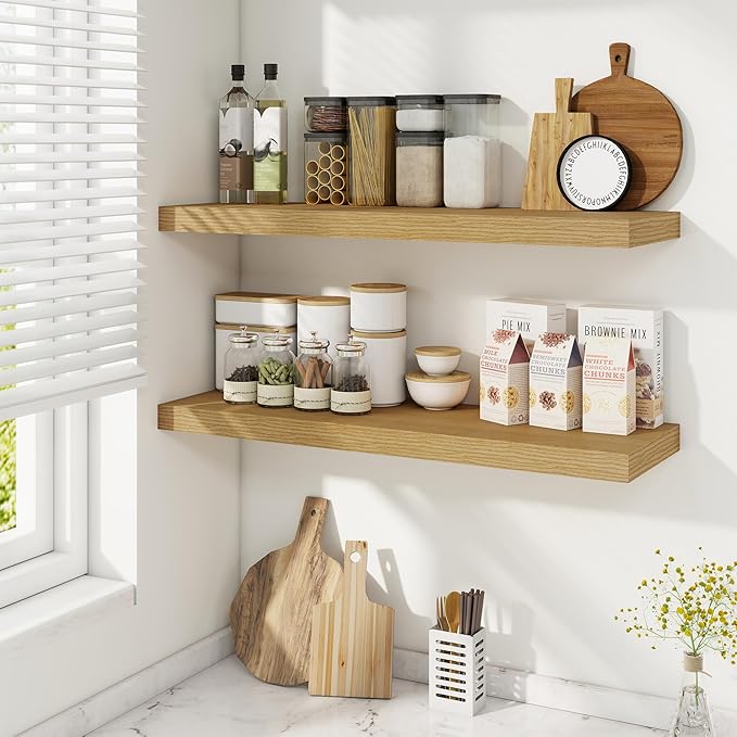Fun Memories Floating Shelves for Wall, 32 Inch Rustic Wood Wall Mounted Shelves for Bathroom, Bedroom, Kitchen, Living Room, Deep Floating Shelves for Storage & Home Decor (Oak, Set of 2)-Ruum Studio Home