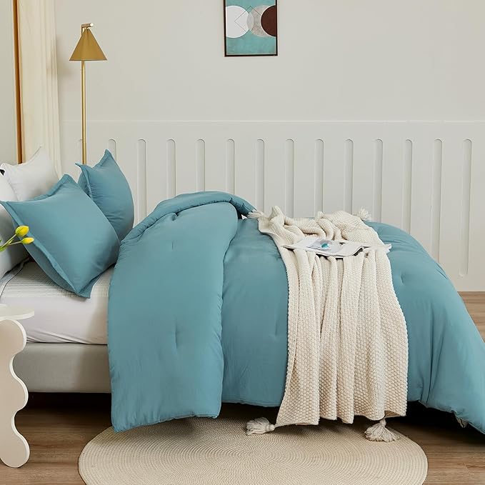 Litanika Comforters Grayish Teal Oversized Queen Size, 3 Pieces Lightweight Solid Bedding Comforter Set, All Season Fluffy Bed Set (98x98In Comforter & 2 Pillowcases)-Ruum Studio Home