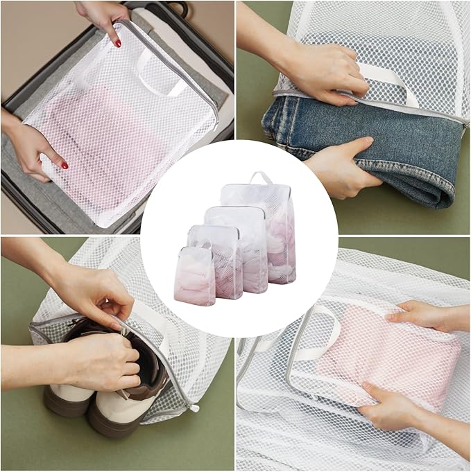 GWT 4Pcs 3D Mesh Laundry Bags with Hanging Handles (S/M/L/XL) - Durable Zippered Wash Bags for Delicates, Shoes & Bulk Clothes - Space-Saving Foldable Design-Ruum Studio Home