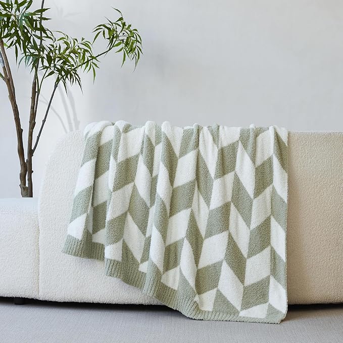 Snuggle Sac Chevron Throw Blanket for Couch, Reversible Super Soft Warm Blankets Cozy Knit Fuzzy Plush Lightweight Throws for Sofa, Bed, Camping, Green,50x60 inches-Ruum Studio Home