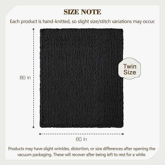 Carriediosa Chunky Knit Throw Blanket 60" X 80" Twin, 100% Hand Made Large Chenille Loop Yarn Soft Fluffy Throws for Couch Sofa Bed, Big Crochet Cozy Heavy Thick Cable Woven Blankets, Black-Ruum Studio Home