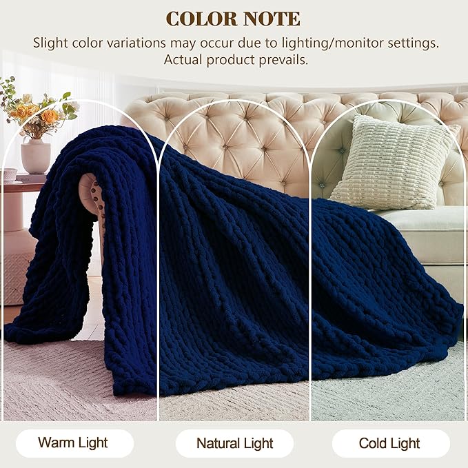 Carriediosa Chunky Knit Throw Blanket 60" X 80" Twin, 100% Hand Made Large Chenille Loop Yarn Soft Fluffy Throws for Couch Sofa Bed, Big Crochet Cozy Heavy Thick Cable Woven Blankets, Navy Blue-Ruum Studio Home