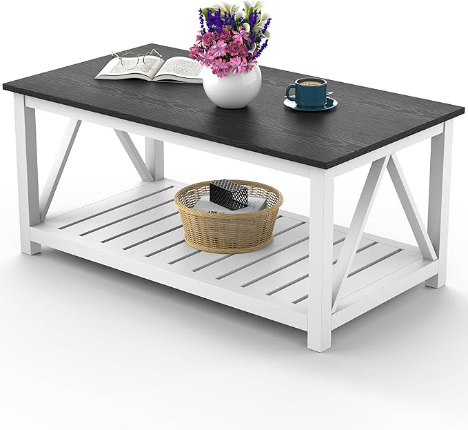 40" Farmhouse Coffee Table | Vintage Rustic Wooden Coffee Table with Lower Shelf for Living Room, Dorm, Office, Bedroom Center Table - Black-Ruum Studio Home