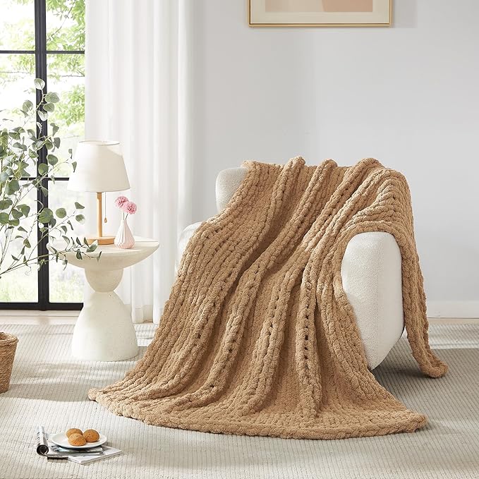 L'AGRATY Chunky Knit Blanket Throw: 80''x90'' Chenille Chunky Knitted Throw Blankets for Bed Couch - Handmade Thick Big Cable Knit Blanket - Large Crochet Rope Blankets for Home Decor(Tan)-Ruum Studio Home