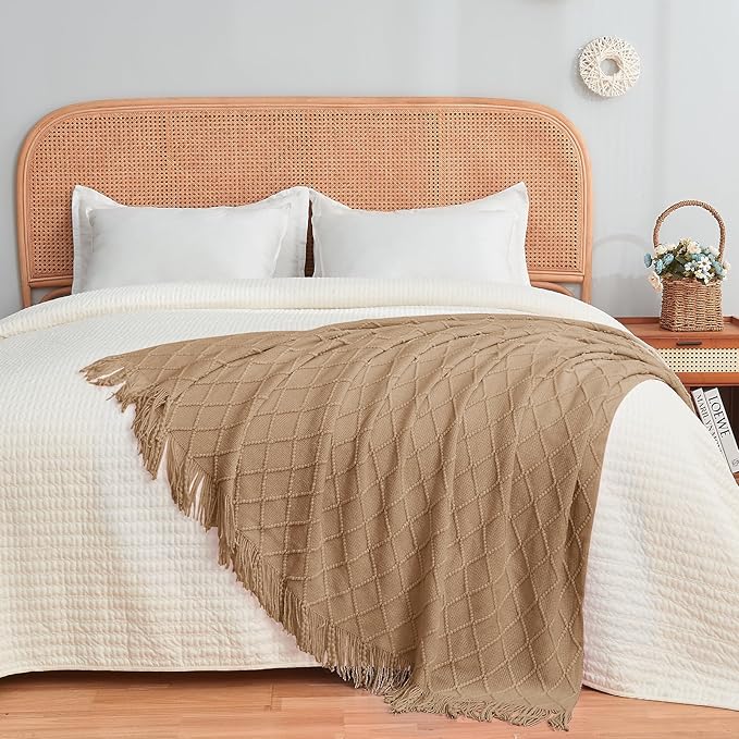 inhand Knitted Throw Blankets for Couch and Bed, Soft Cozy Knit Blanket with Tassel, Khaki Lightweight Decorative Blankets and Throws, Farmhouse Warm Woven Blanket for Men and Women, 50"x60"-Ruum Studio Home