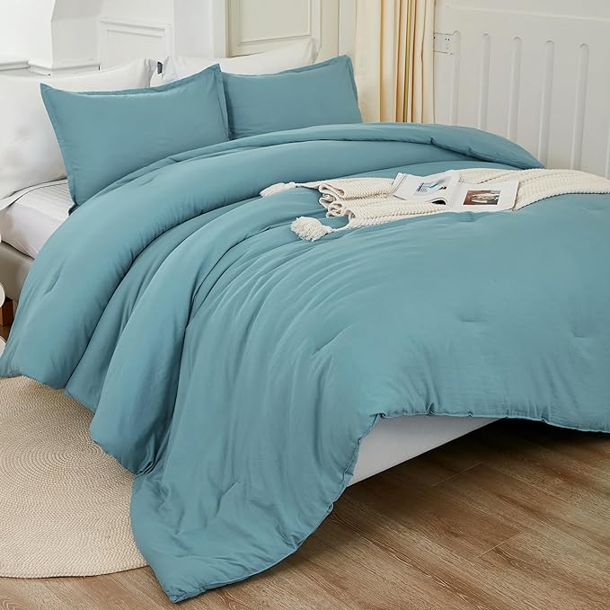 Litanika Comforters Grayish Teal Oversized Queen Size, 3 Pieces Lightweight Solid Bedding Comforter Set, All Season Fluffy Bed Set (98x98In Comforter & 2 Pillowcases)-Ruum Studio Home