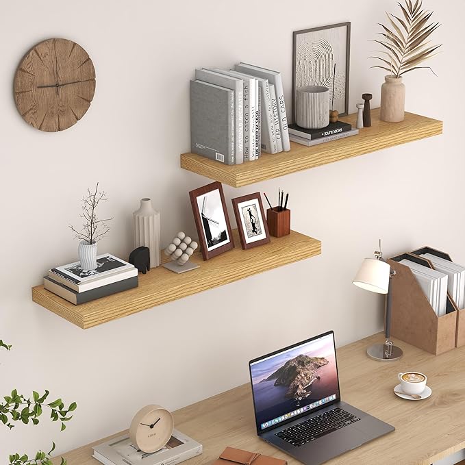 Fun Memories Rustic Wood Floating Shelves for Wall, 36 x 9 Wall Shelves Set of 2, Deep Floating Shelf for Kitchen, Living Room Storage & Display, Rustic Deep Bookshelf, Oak Color-Ruum Studio Home