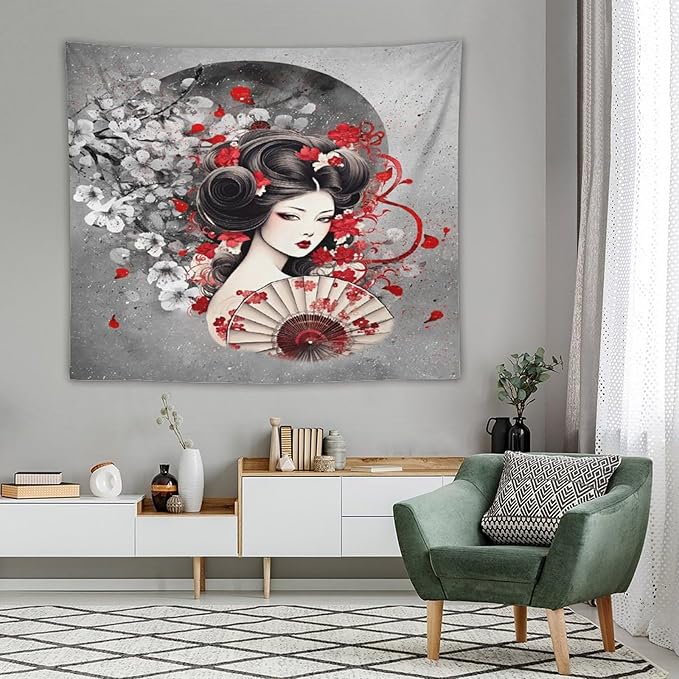 Japanese Geisha Tapestry Asian Red Cherry Blossom Red Sun Traditional Kimono Folk Tapestries Home Decor for Living Room Bedroom Apartment Farmhouse Dorm 60"x50"-Ruum Studio Home