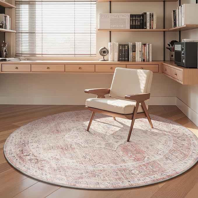AMOAMI 6FT Round Vintage Soft Pink Rug - Non Slip Circle Machine Washable Rug for Living Room, Bedroom, Office Under Table-Ruum Studio Home