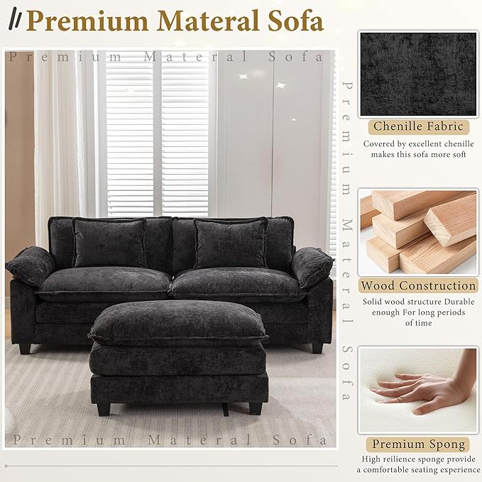 URRED Modular Sectional Sofa Comfy Cloud Couch, Modern Chenille Sofa Sleeper Deep Seat Couches with Ottoman/Pillows for Living Room (Black, 82.6''- L Shape)-Ruum Studio Home