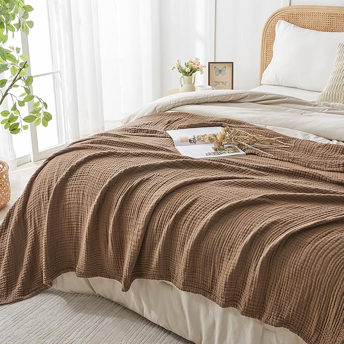 EMME Cotton Muslin Queen Blanket Bed Layering Breathable Gauze Blanket Soft Lightweight Blankets Adults (Brown, 90"x90")-Ruum Studio Home