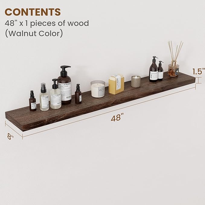 Floating Shelves for Wall Decor, 8 Inch Deep Rustic Solid Elm Wood Floating Shelves Wall Mounted, Wall Shelves with Invisible Bracket for Living Room Bathroom Bedroom Kitchen, 48 Inch Set of 1, Walnut-Ruum Studio Home