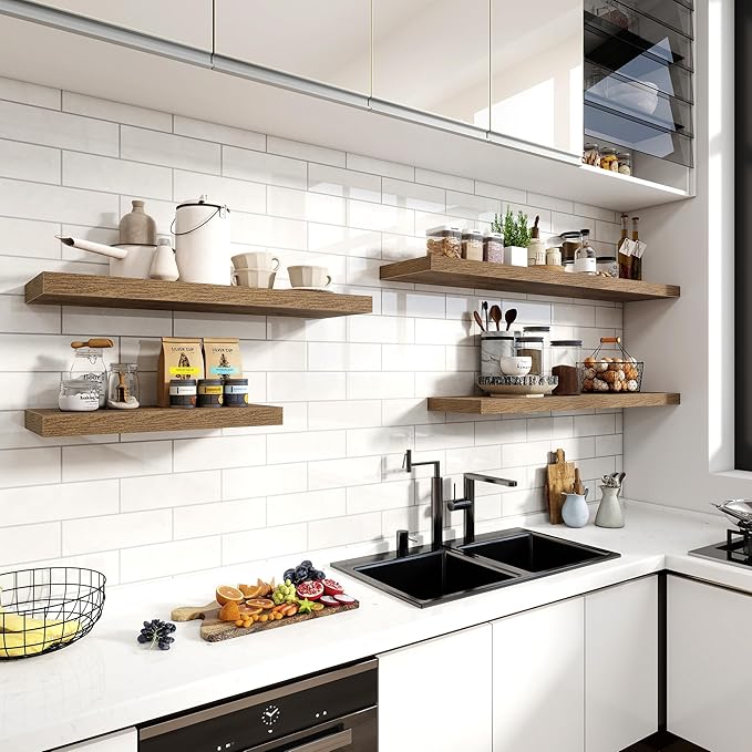 24 Inch Floating Shelves, 12 Inch Deep Floating Shelves for Wall, Floating Shelf with Invisible Brackets, Deep Shelves for Bathroom, Bedroom, Living Room, 2 Pack, Brown-Ruum Studio Home