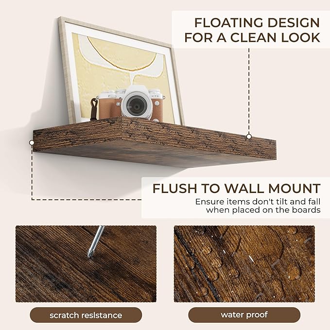 RICHFOCUS 16Inch Floating Shelves for Wall 2 Pack Shelves for Bedroom|Kitchen|Bathroom Wall Mounted Rustic Wood Floating Shelf with Invisible Brackets for Books|Storage|Decor, Rustic Brown-Ruum Studio Home