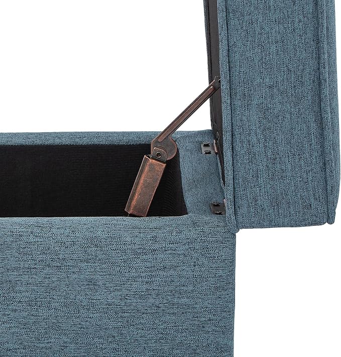 Adeco 17" Square Ottoman with Storage, Small Blue Storage Ottoman Foot Rest with Hinged Lid & Solid Wood Legs, Linen Fabric Foot Stool for Living Room & Bedroom-Ruum Studio Home