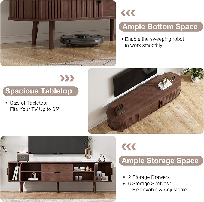 55" Mid Century TV Stand, Fluted TV Stand Fits 32" to 60" TVs. Wood Entertainment Center for Living Room, Farmhouse Modern TV and Media Console Table with Storage, Curved Edge and Sliding Door, Walnut-Ruum Studio Home