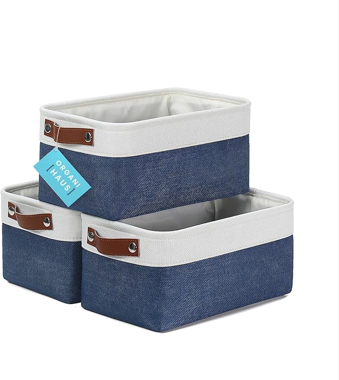 OrganiHaus Small Fabric Storage Baskets for Shelves 3 Pack, 12x8in Closet Storage Bins for Shelves, Cloth Baskets for Organizing, Linen Closet Organizers, Fabric Basket, Navy Blue/White-Ruum Studio Home
