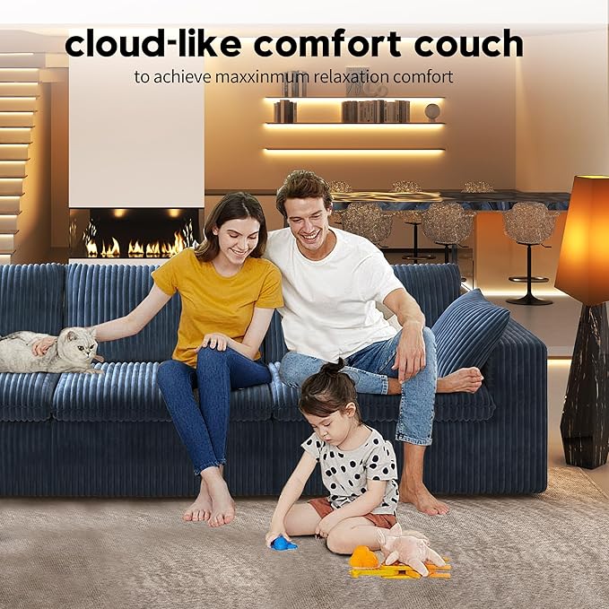 118" 3-Seater Cloud Sofa,Modular Sectional Couch,Modern Deep Seat Upholstered Couches with Plush Corduroy Fabric for Living Room Furniture,Bedroom and Apartment,No Assembly Required,Blue-Ruum Studio Home